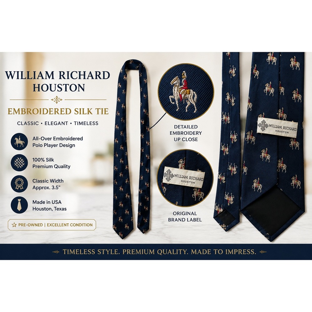 William Richard Houston Navy Blue Embroidered Silk Polo‎ Player Tie Made in USA